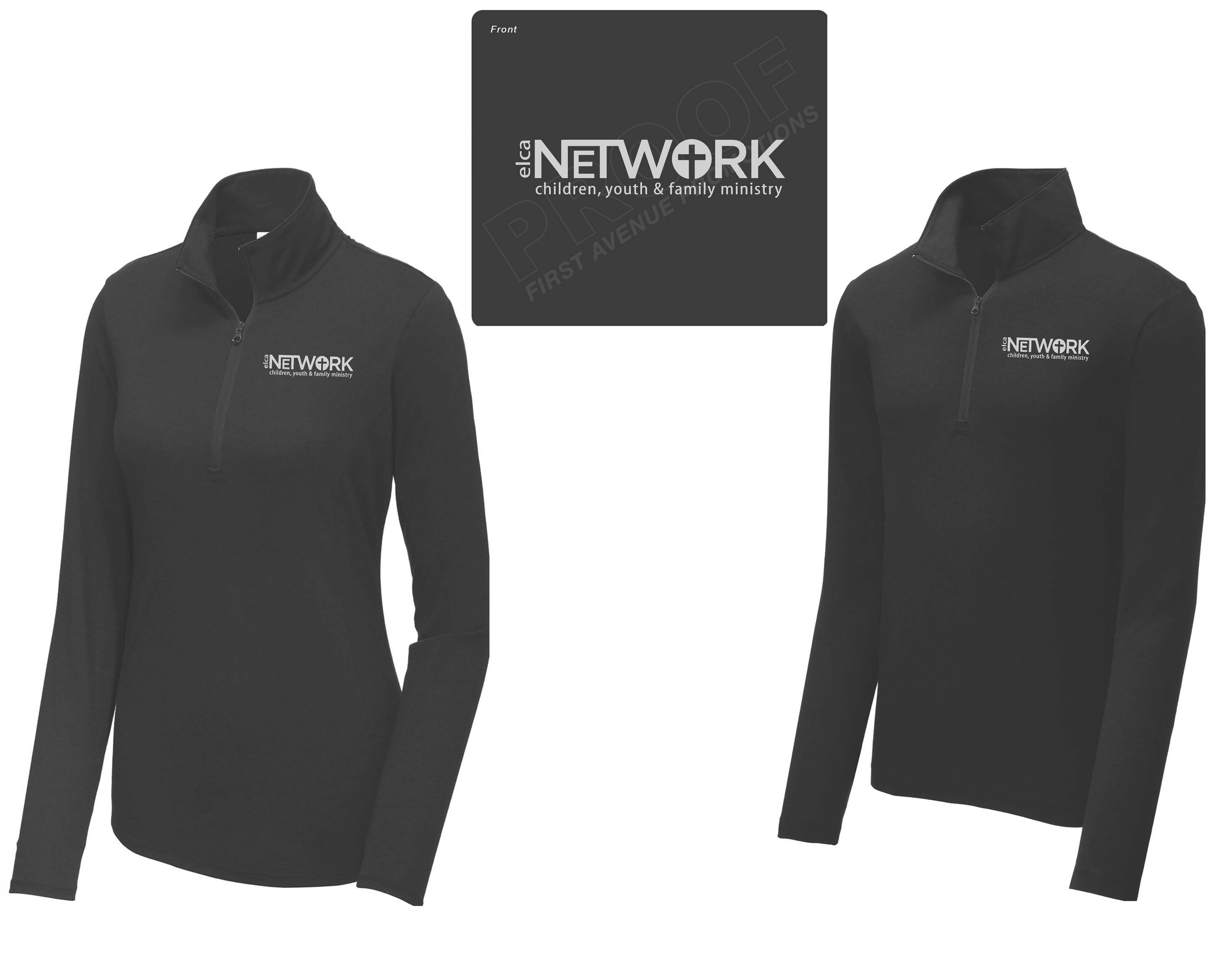two black 1/4 zip shirts with the network logo