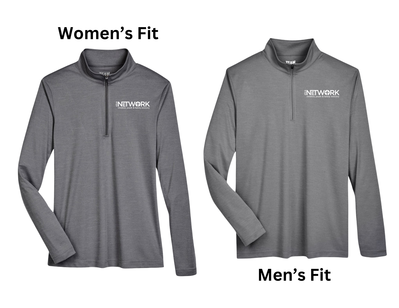 dark grey quarter zip shirt with whilte network logo